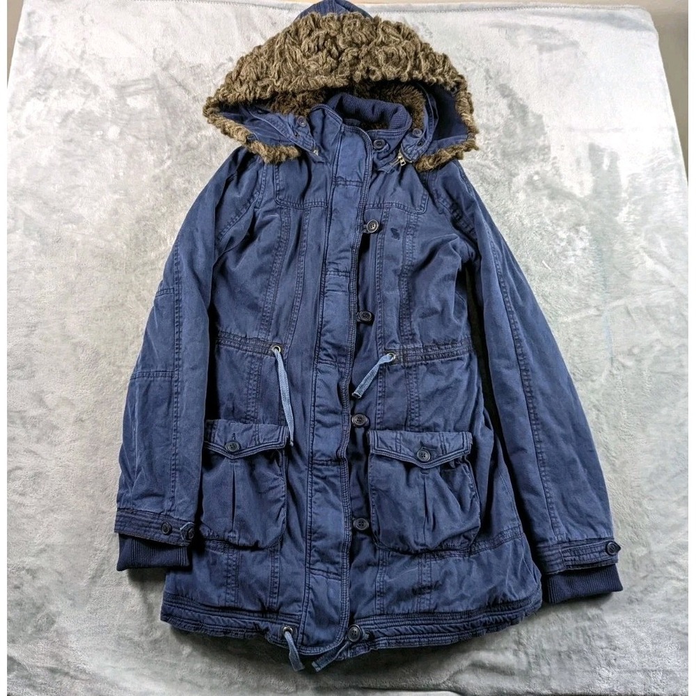 VTG Abercrombie & Fitch Jacket Women M Parka Faux Fur Hooded Longline Y2K READ